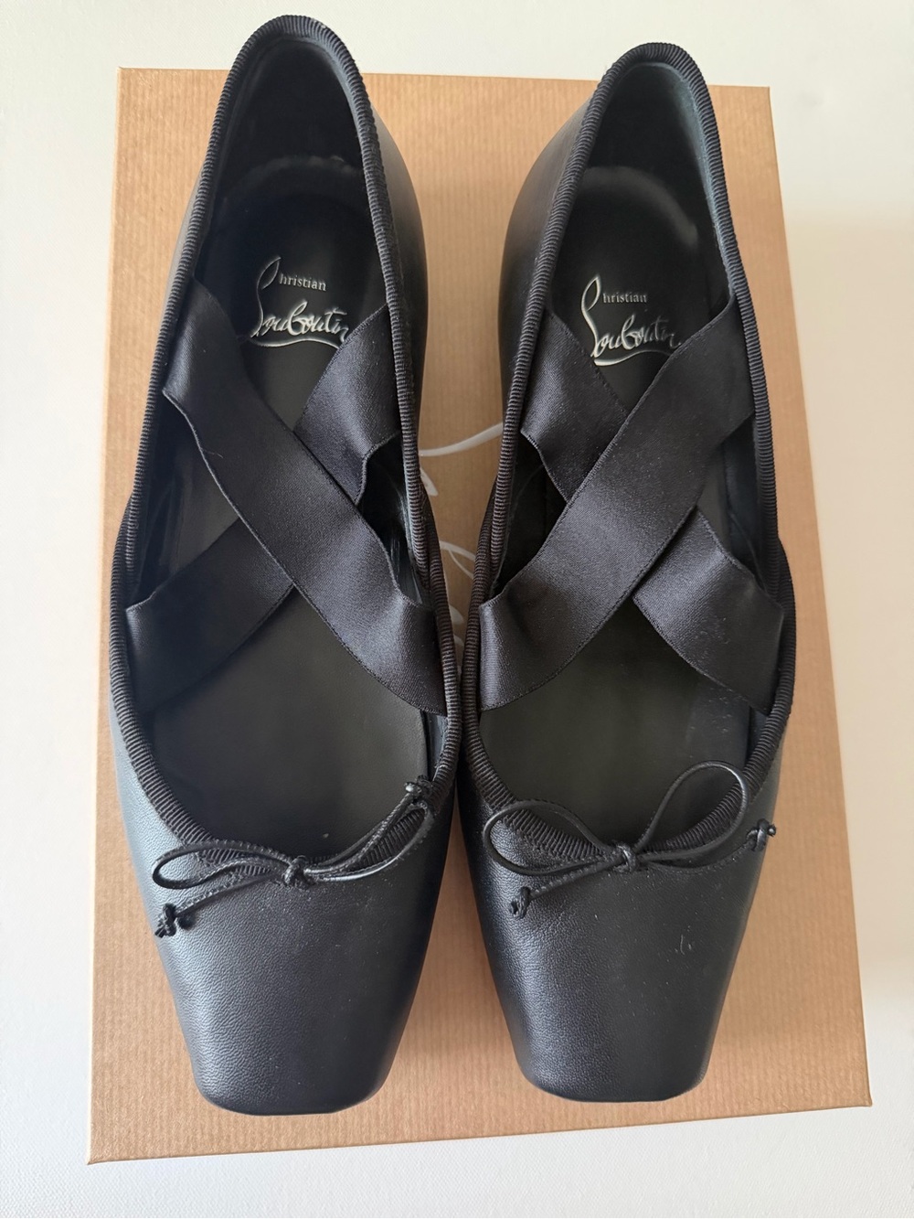 Christian Louboutin Black Satin Crisscross Ballet Flats (Cassiasticina)